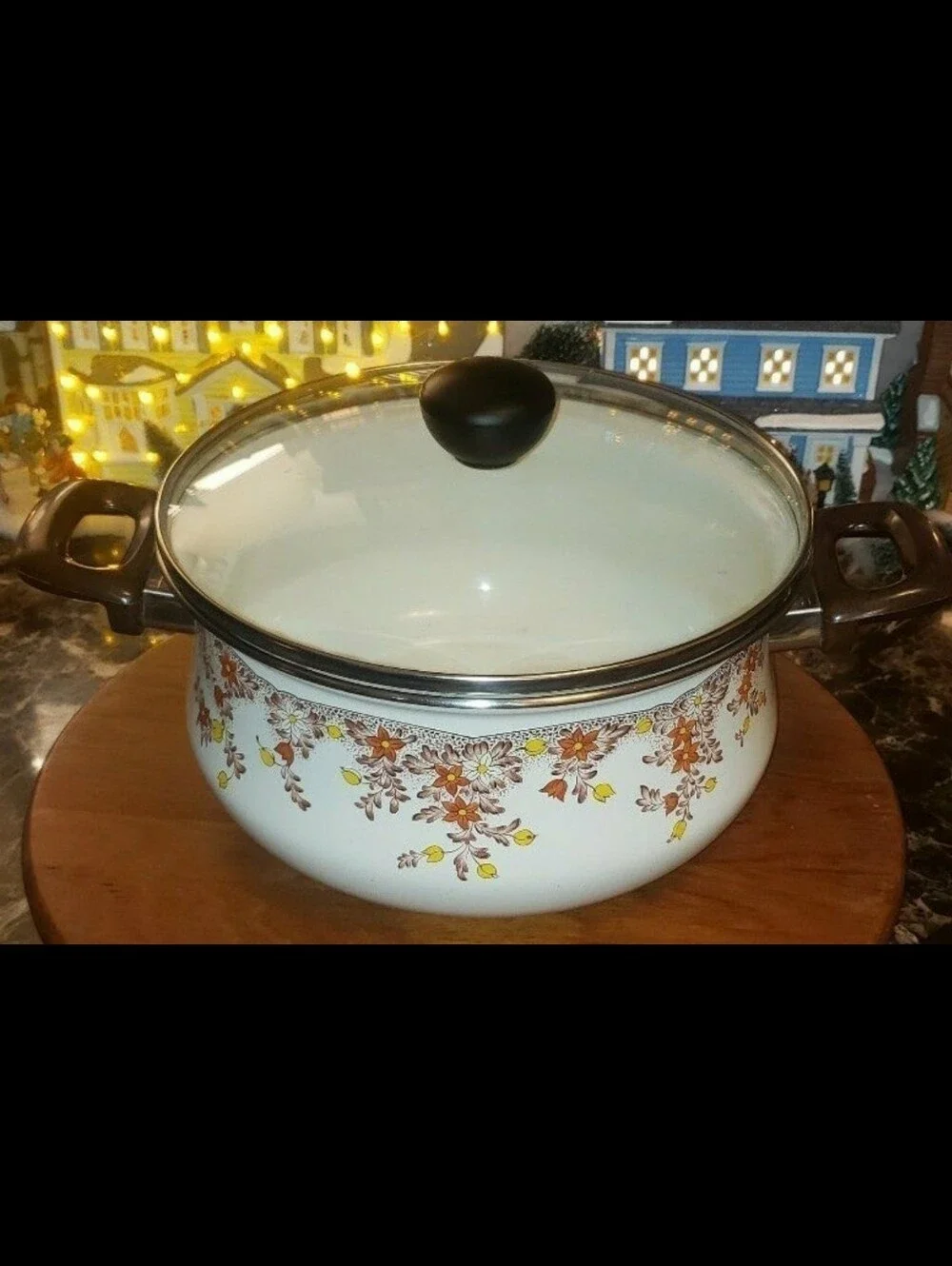 Vintage MCM Sanko Ware Enamelware Pot With Floral Design